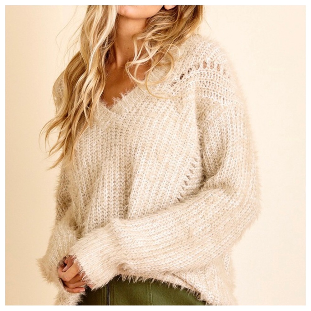 #23 Boho Fashionable chic Fuzzy V neck Sweater